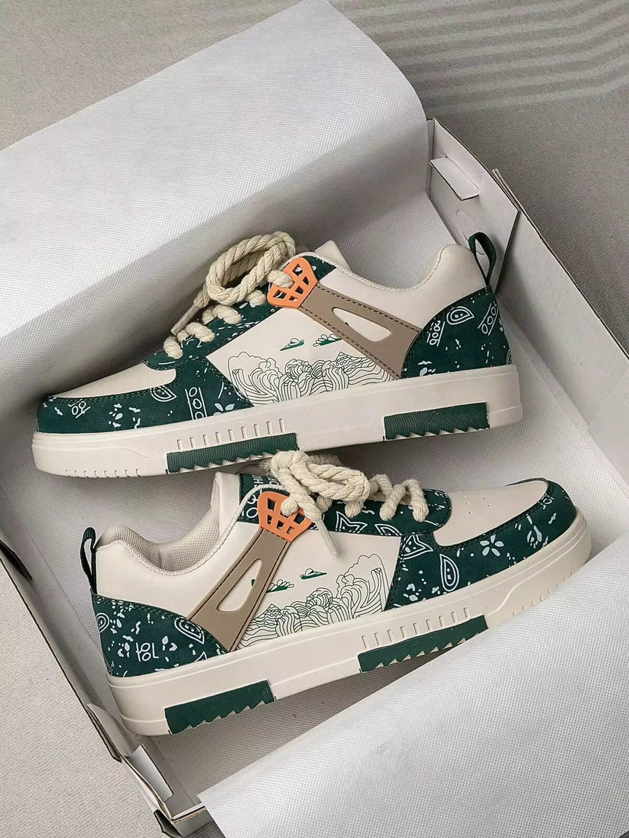 (Size Runs Small) Men's Stylish Random Graffiti Print Lace-Up Casual Sneakers, Versatile Patchwork Outdoor Sports Shoes, Couples Shoe, Perfect With Sports Jeans Look