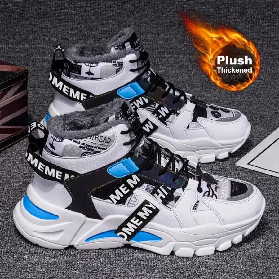 2025 New Autumn And Winter Fleece Thickened High-Top Boots Men's Shoes Warm Two Cotton Shoes Teenagers Sports Leisure Dad Shoes