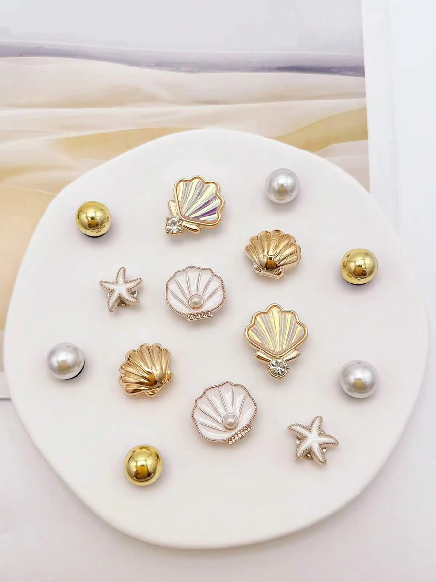 14/16pcs Gold & Beige Dual Color Ocean Shell, Pearl, Starfish ABS Resin Shoe Charms, DIY Detachable Shoe Decorations - Personalized Footwear Style