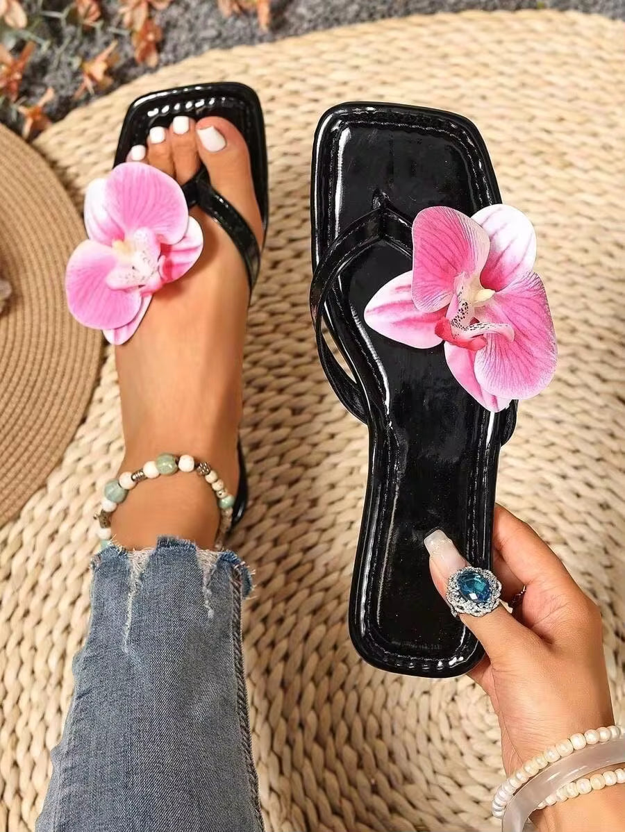 Breezelady New 2025&2026 Large Size European Style Summer Open Toe Faux Flower Decor Flat Slide Sandals For Women