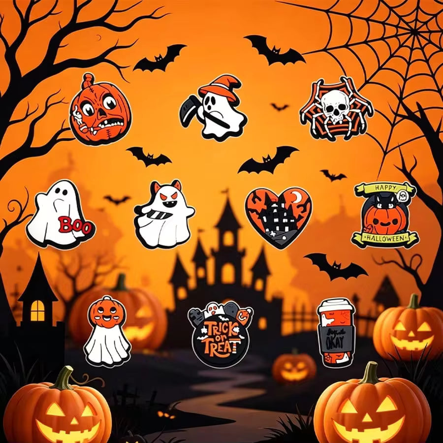 10PCS Spooky Halloween Pumpkin Shoe Charms - Soft PVC Detachable Decorations Fit Clogs Sandals, Ideal Halloween Party Footwear Ornaments